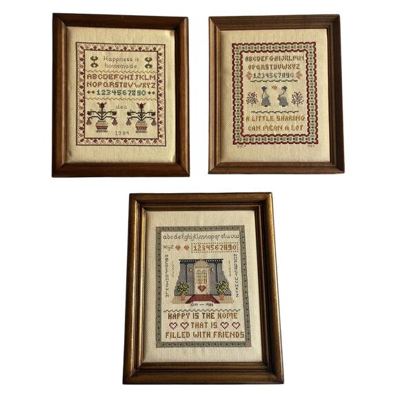 Vintage 1980s Sampler Cross Stitch Set Of 3 Wood Framed Colonial Style Cottage